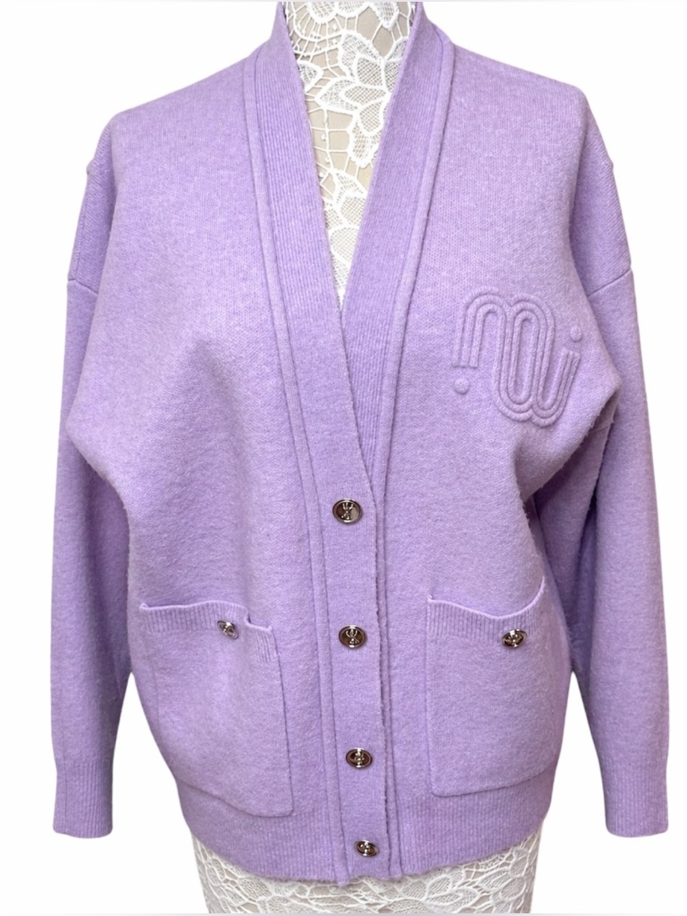 Maje Lavender Wool Blend Cardigan | Button Front | Logo Detail Sweater